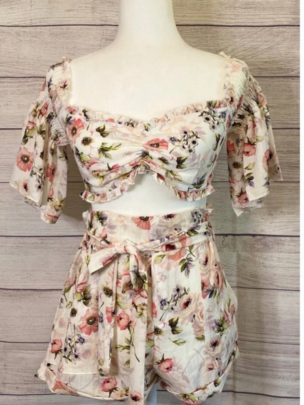 LUXXEL Floral Two-Piece Crop Top & Shorts Set - Pink & Green Print- SPRING SET